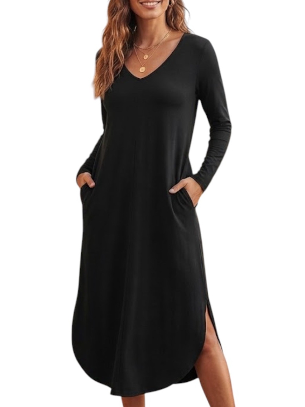 SMASH + TESS Friday Black Long Sleeve V-Neck Midi Dress Pockets S